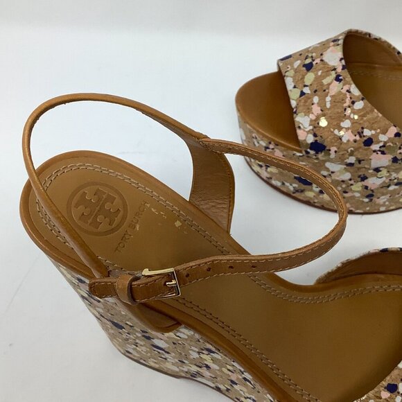Tory Burch Solana Confetti cork wedges 8.5M sandals brown leather ankle strap - Picture 6 of 9